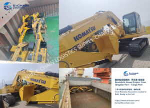 Used Komatsu Excavators Loaded in Bulk, Ready to Set Sail